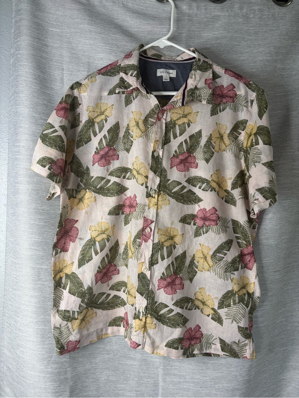 Tropical Floral Short-Sleeve Button-Down Shirt - Pink/Green/Yellow